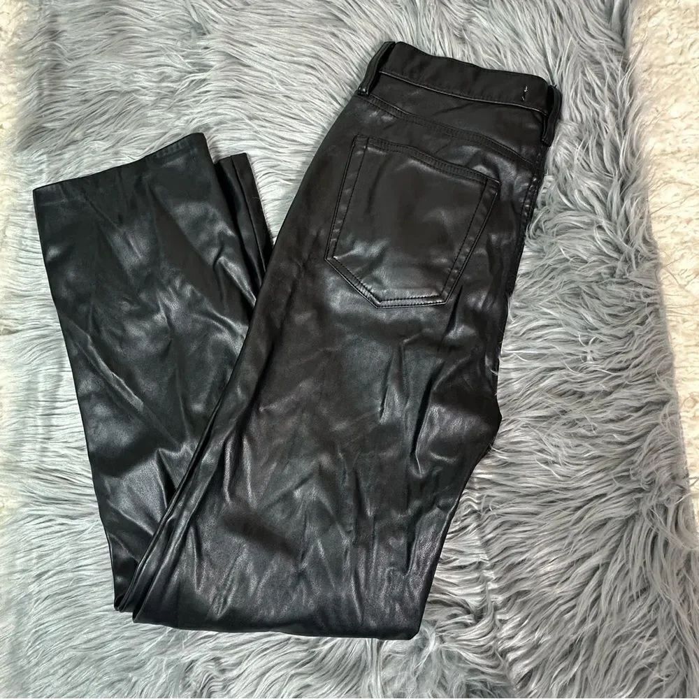 Black Straight Leg Jeans with Sleek Finish faux leather